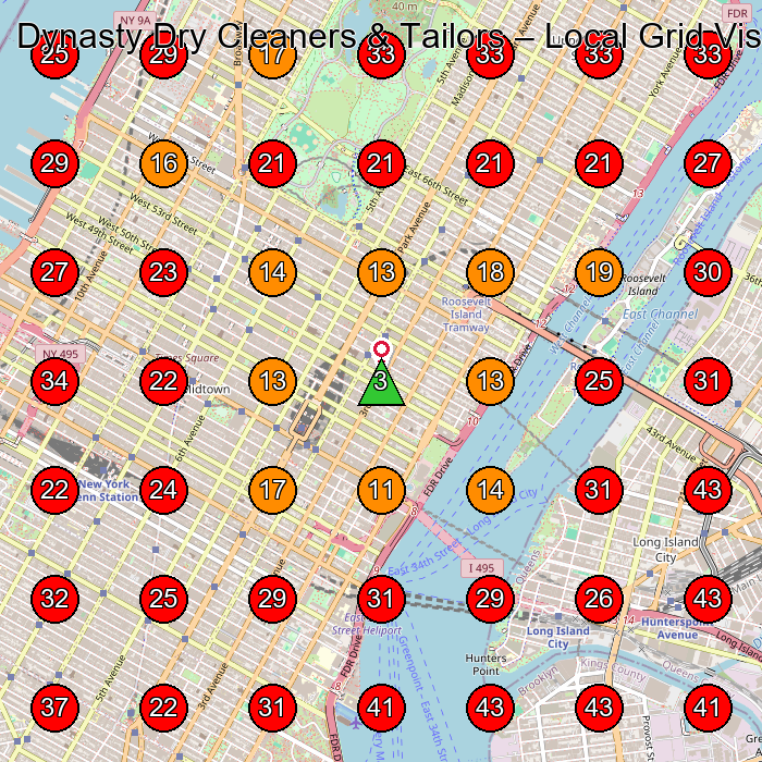 Dynasty Dry Cleaners & Tailors GeoGrid visibility map for Laundry Service in New York
